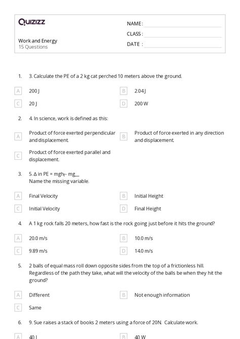 Work And Energy Worksheets For Th Grade On Quizizz Free Printable