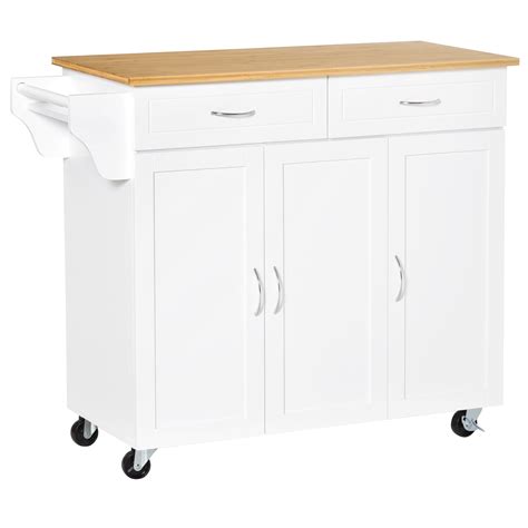 Homcom Kitchen Island White Large Bamboo Countertop Cabinets