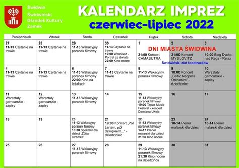 Kalendarz zamkowych imprez czerwiec lipiec Świdwiński Ośrodek