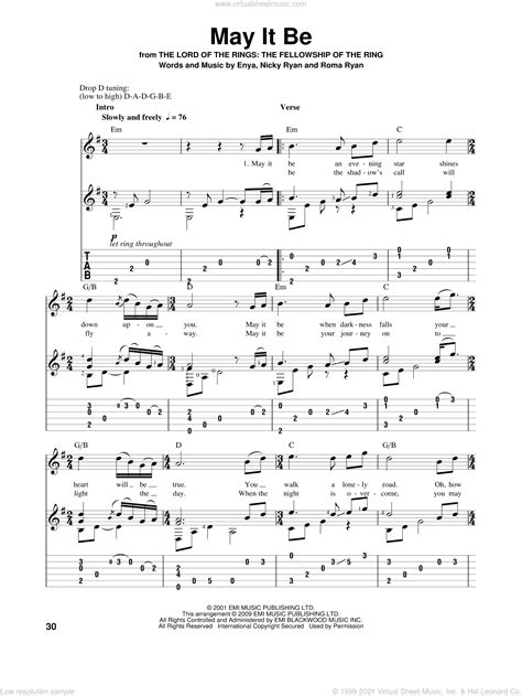 Enya - May It Be sheet music for guitar solo [PDF]