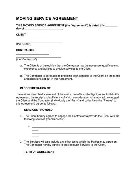 Free Printable Moving Contract Templates Pdf Simple Form