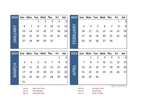 4 Month Printable Calendar - Printable Templates