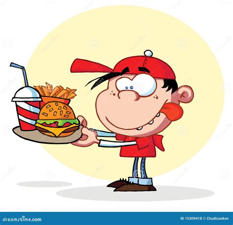 Hungry Boy Staring at Plate of Fast Food Stock Vector - Illustration of