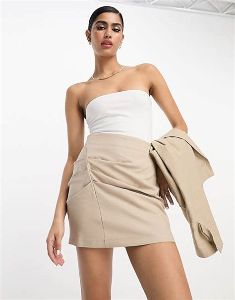 Asos Design Ruched Skirt With Linen In Stone Asos