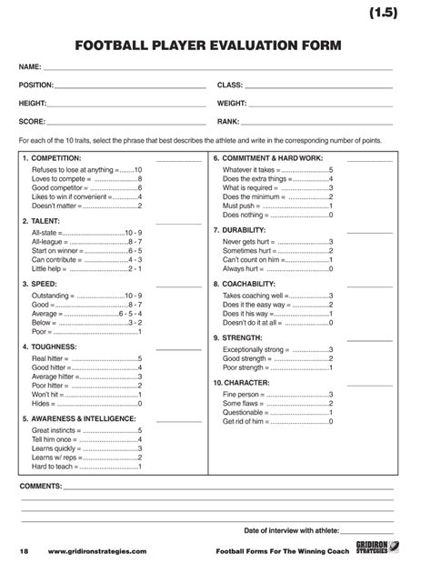 American Football Monthly Football Player Evaluation Form Fill And