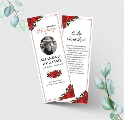 Editable Funeral Bookmark Template Red Rose Obituary Bookmark Etsy