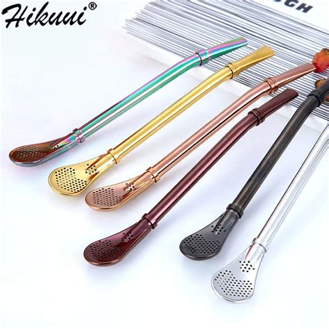 ☈6 Pcs Spoon Straws Tea Filter Yerba Mate Tea Straws 304 Stainless Steel Drinking Straw Gourd Bo