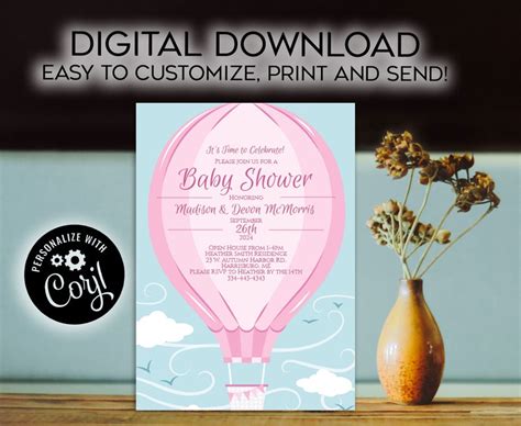 Pink Hot Air Balloon Baby Shower Invitation Editable Digital Etsy