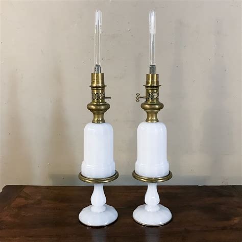 Pair 19th Century Milk Glass Oil Lantern Table Lamps