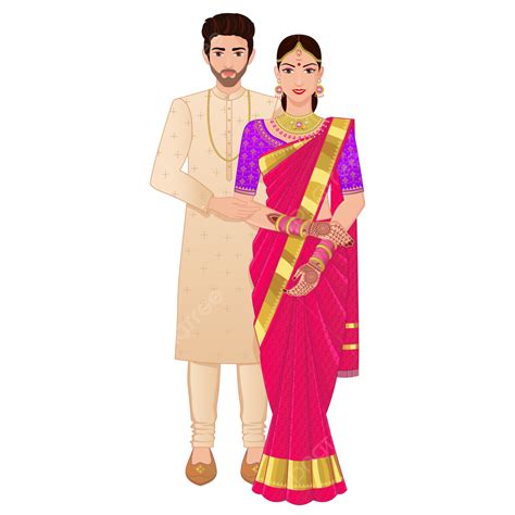 Indian Wedding Couple Standing Wearing Silk Saree And Kurta Silk Saree