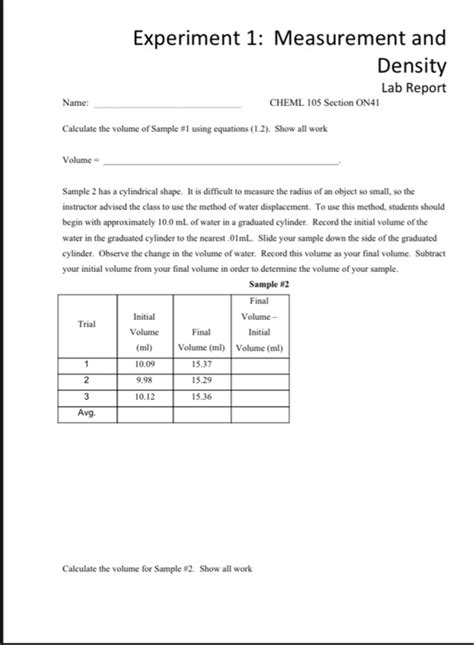 Solved Experiment 1 Measurement And Density Lab Report