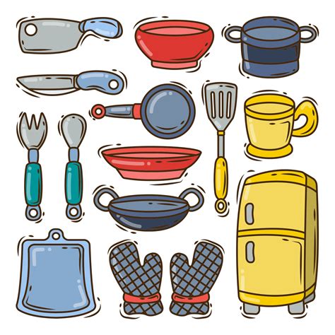 Collection Of Hand Drawn Kitchen Equipment Cartoon Doodle Style