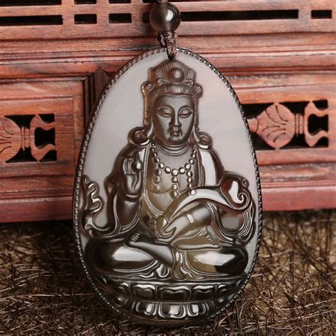 Natural Obsidian Guanyin Pendant Charms Necklace Men Women Genuine