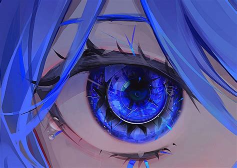 an anime character's eye with long blue hair