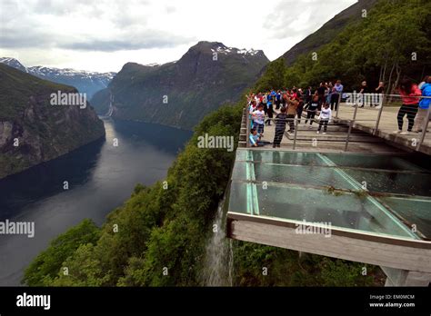 Tourists At The Eagles Road Viewing Platform Geiranger Norway