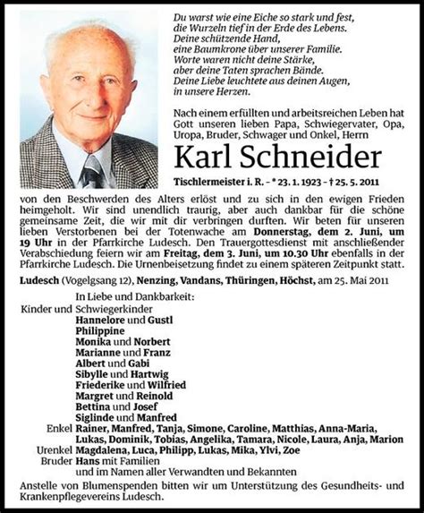 Todesanzeigen Von Karl Schneider Todesanzeigen Vorarlberger Nachrichten