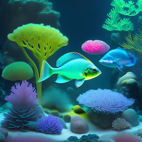 Premium AI Image Underwater Algae And Coral Bioluminescent Fish In