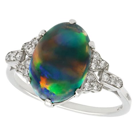 Antique S Ct Cabochon Cut Black Opal And Diamond Platinum Ring