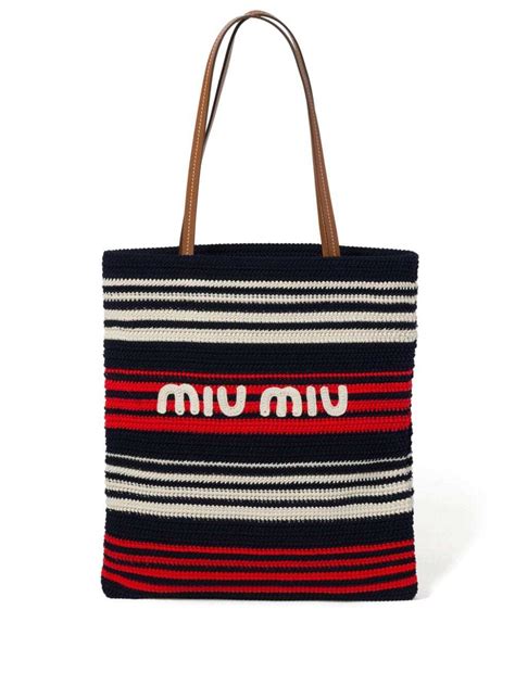 Miu Miu Striped Crochet Knit Tote Bag Blue Editorialist