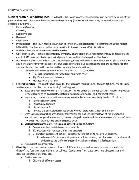 Civil Procedure Outline Civil Procedure Outline Subject Matter