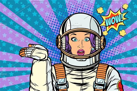 OK Gesture Female Astronaut Retro Vector Illustration Pop Art