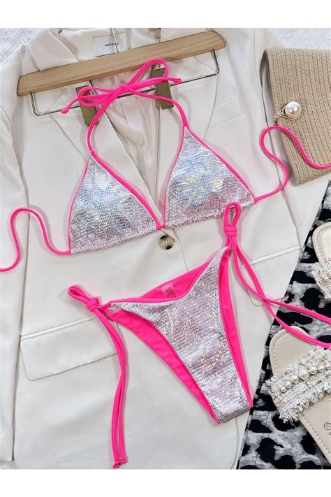 BENİMOLMALI Kadın Askılı Glitter Üçgen Bikini Seti Bağcıklı Bikini Mayo Brezilyalı Biquini