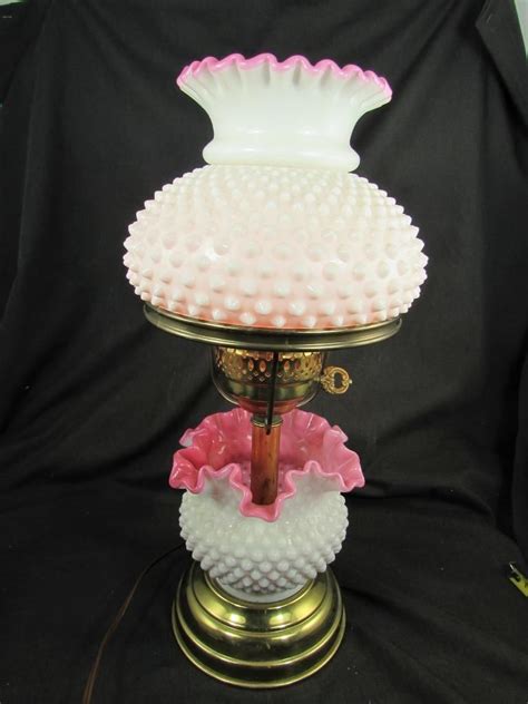 Vntg Fenton Hobnail Milk Glass Lamp White Over Cranberry Ruffled Shade And Base Milk Glass