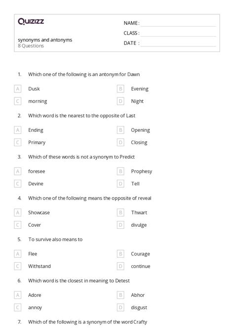 50 Synonyms And Antonyms Worksheets For 8th Class On Quizizz Free