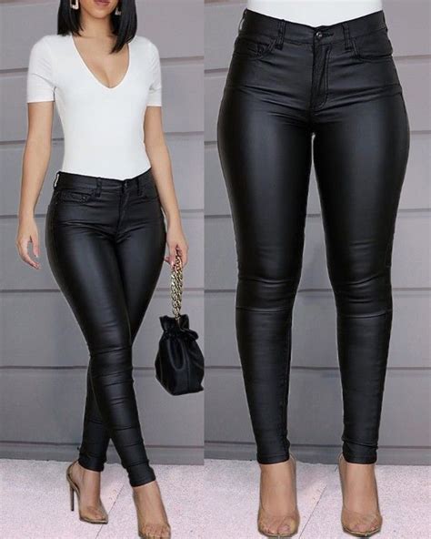 Pu Leather High Waist Single Button Pants Slim Fit Trousers Trousers