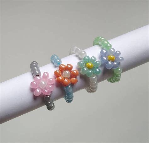 Single Flower Beaded Ring Handmade Lustered Beads Etsy UK