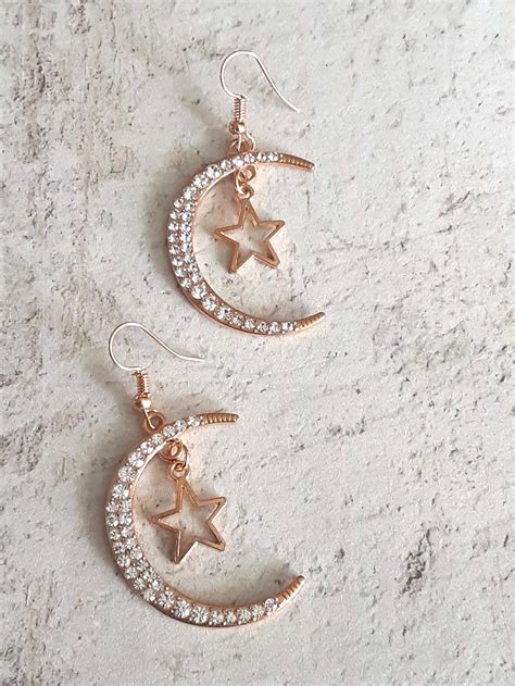 Moon And Star Earrings Half Moon Earrings Moon And Star Dangle