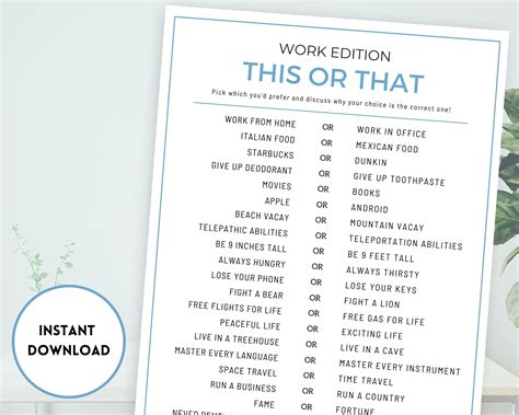 A Printable Worksheet With The Words Work Edition This Or That On It