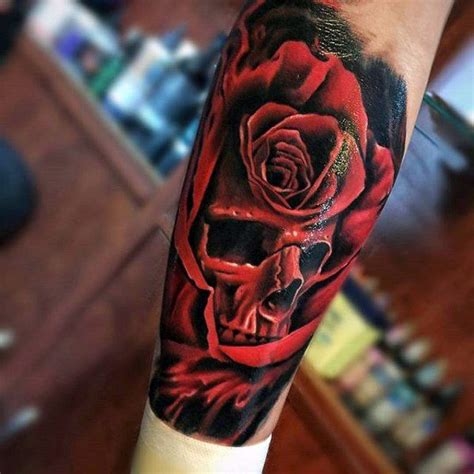 Red Rose Flower With Skull Realistic Inner Forearm Tattoos For Guys