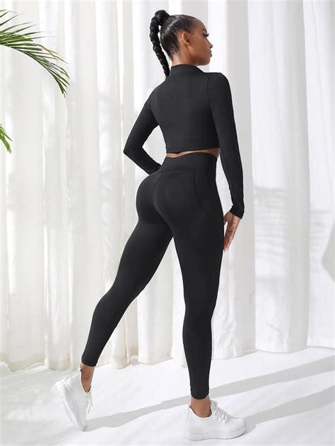 SHEIN Sport Studio 2pcs Fitness Yoga Set Sports Suit Half Zip Top Tummy