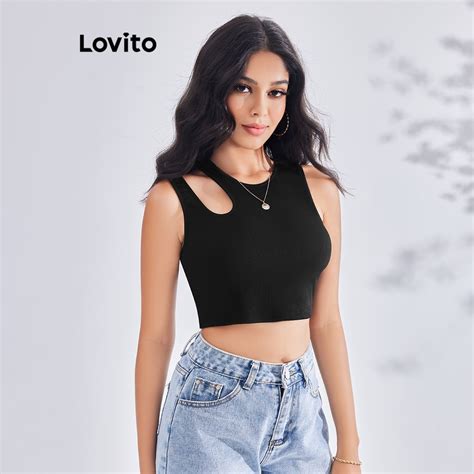 Lovito Regata Casual Recorte Liso Para Mulheres Lbe Preto