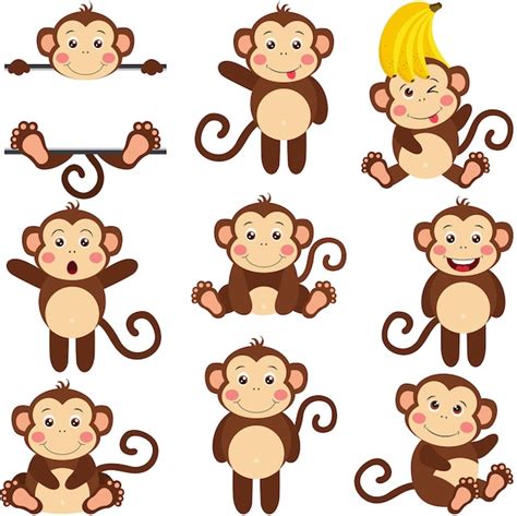 Premium Vector | Set of cute happy monkey