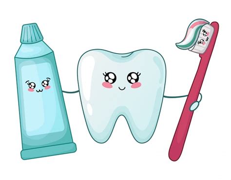 Kawaii Dientes Sanos Y Pasta De Dientes Y Cepillo Vector Premium