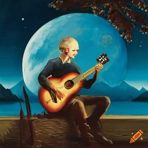 Painting Of Man Playing Guitar Under The Moon With A Beautiful