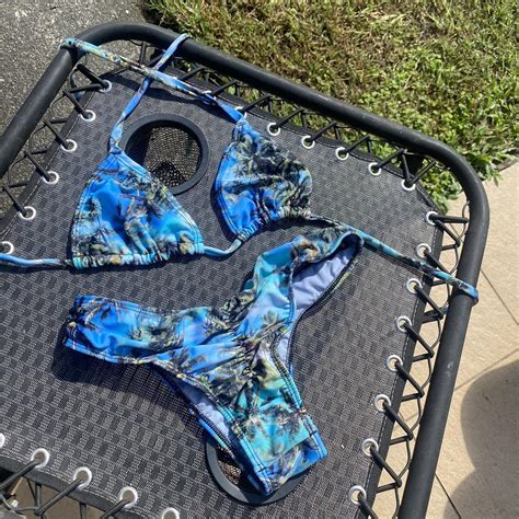 Blue Palm Tree Bikini Set With Scrunch Bottoms Depop