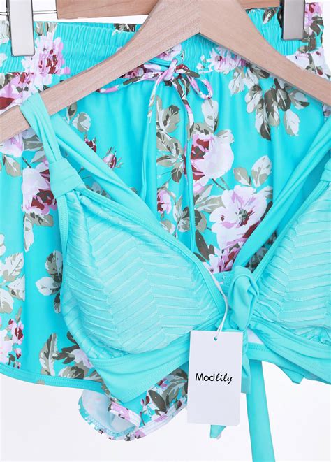 Jacquard Floral Print Cyan Bikini Set Modlily Usd