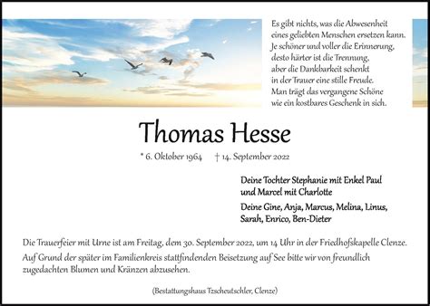 Das Trauerportal F R L Chow Dannenberg Todesanzeigen Thomas Hesse