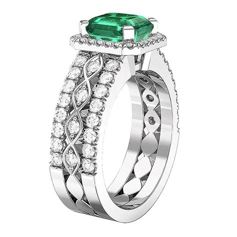 Asscher Cut Emerald Triple Diamond Band Halo Ring