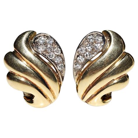 Vintage Circa 1980s 18k Gold Natural Diamond Decorated Earring For Sale At 1stdibs