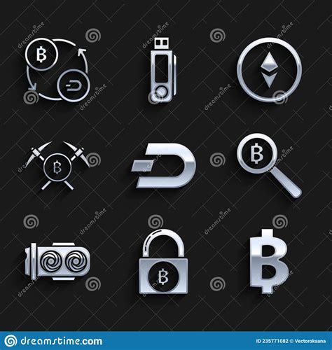 Set Cryptocurrency Coin Dash Lock With Bitcoin Bitcoin Magnifying Glass Mining Farm Crossed