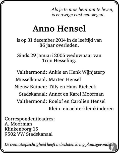 Arnold Hensel Te Stadskanaal Is Overleden Oozo Nl