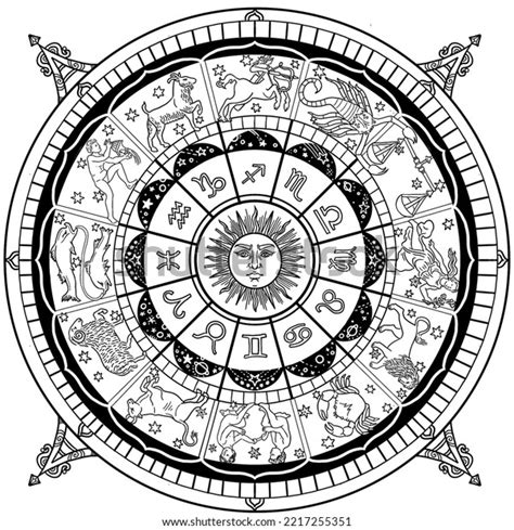 Zodiac Wheel Line Drawing Based On Stock Illustration 2217255351 | Shutterstock