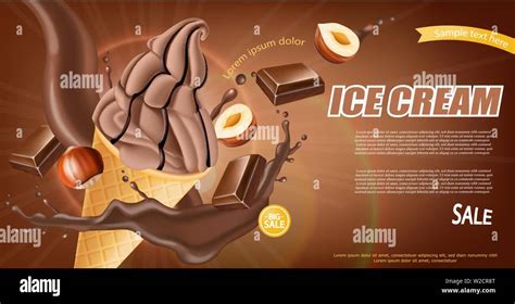 Chocolate Ice Cream Cone Vector Realistic Dark Chocolate Splash And Nuts Flavor Swirled Smooth