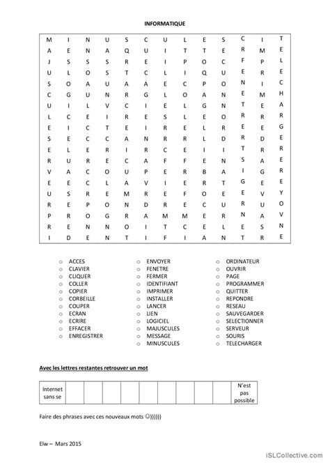 Mots mêlés L informatique compréhens Français FLE fiches pedagogiques