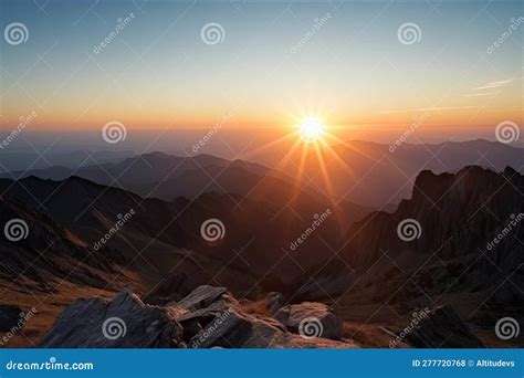 Majestic Mountain Range with a Sunrise, View from the Summit Stock ...