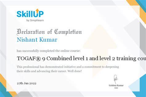 Nishant Kumar Has Successfully Completed The Online Course TOGAF 9